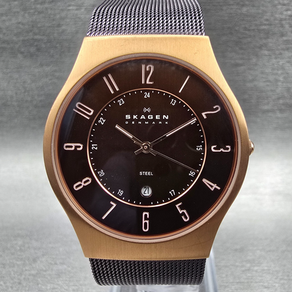 Skagen Watch Men 36mm Brown Dial Rose Gold Case Date Round 233XLRDD New Battery0
