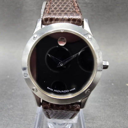 Movado Verso Watch Women 25mm Black Dial Silver Round Leather 84-G4-825 New Batt0