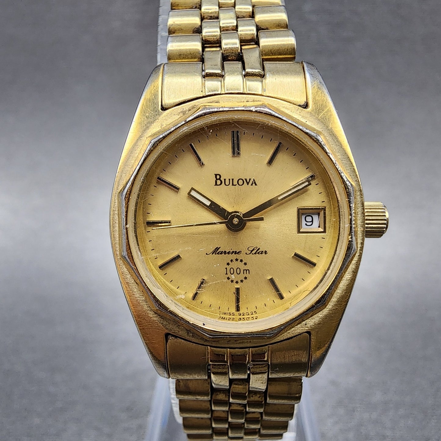 Bulova Marine Star Watch Women 24mm Champagne Dial Gold Tone Date 92G25 PARTS0