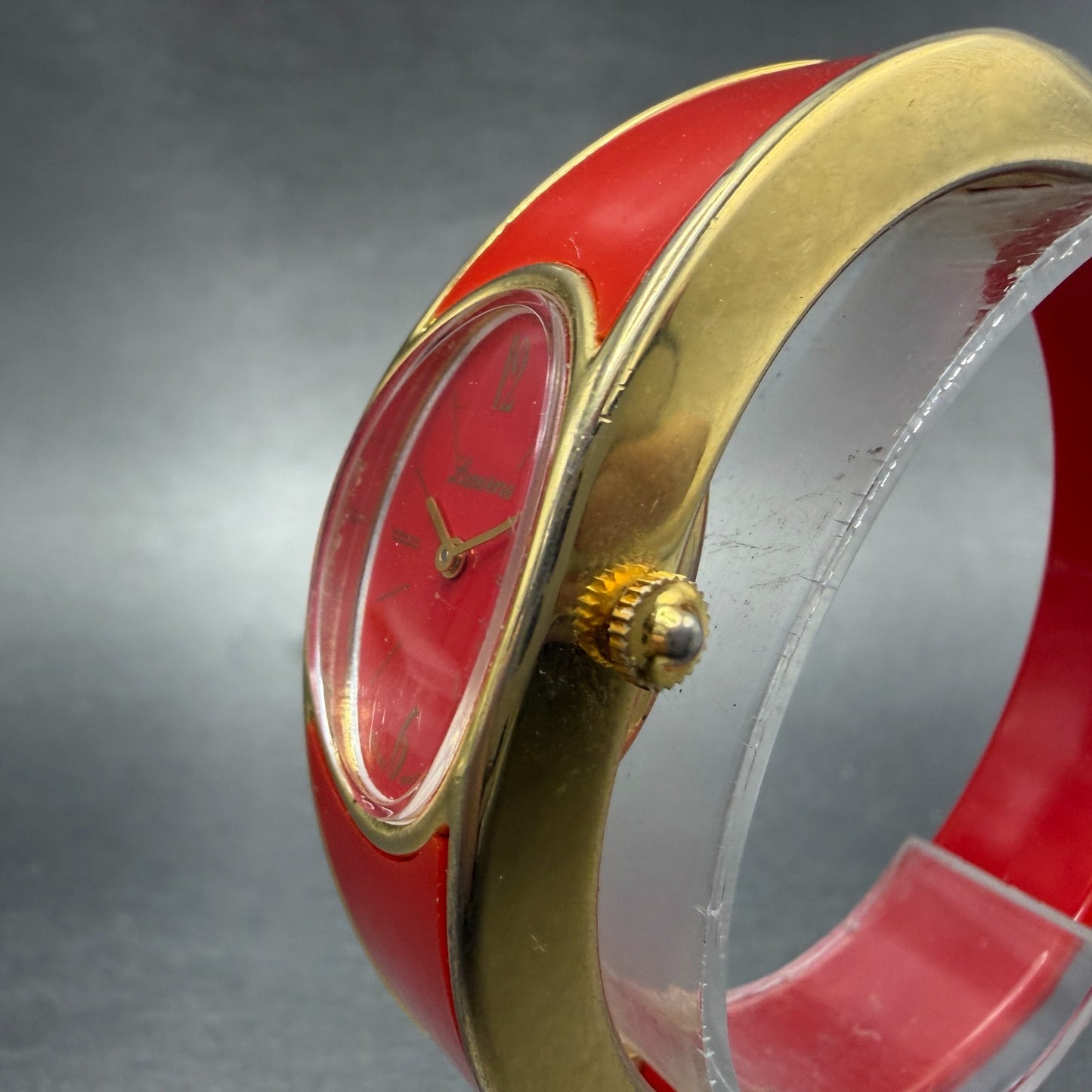 Lucerne bangle Watch Women 18mm Red Dial Gold Tone Oval Manual  Wind Runs VTG2