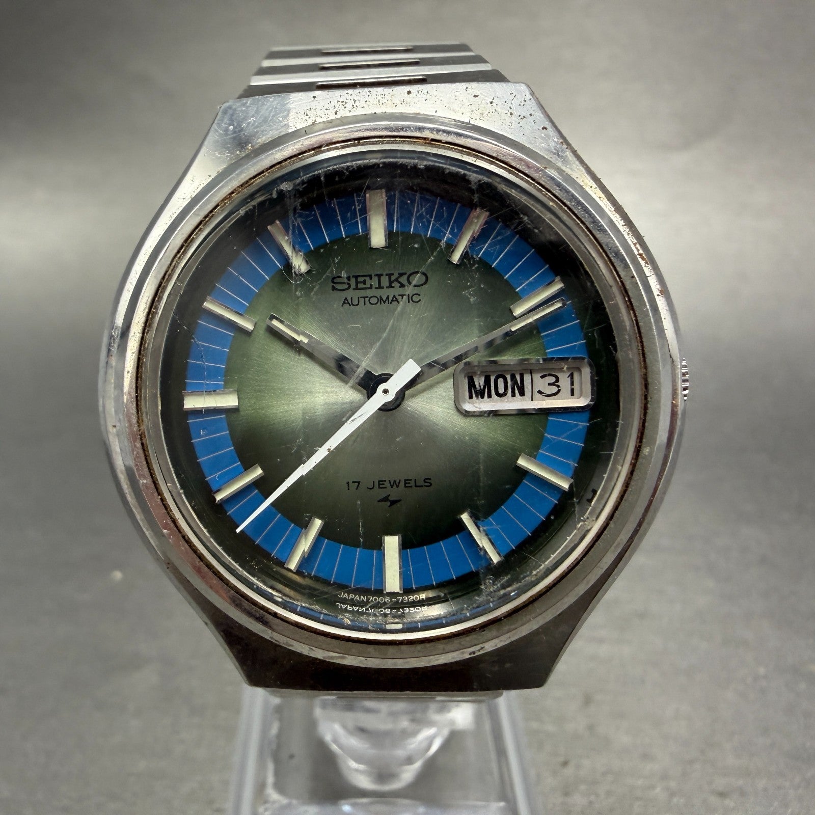 Seiko Automatic Watch Men 38mm Green & Blue Dial Steel Daydate 7006-7209 Runs0
