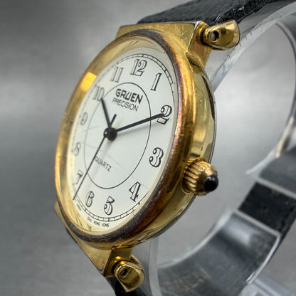 Gruen Precision Watch Men 31mm White Dial Gold Tone Round  New Battery2