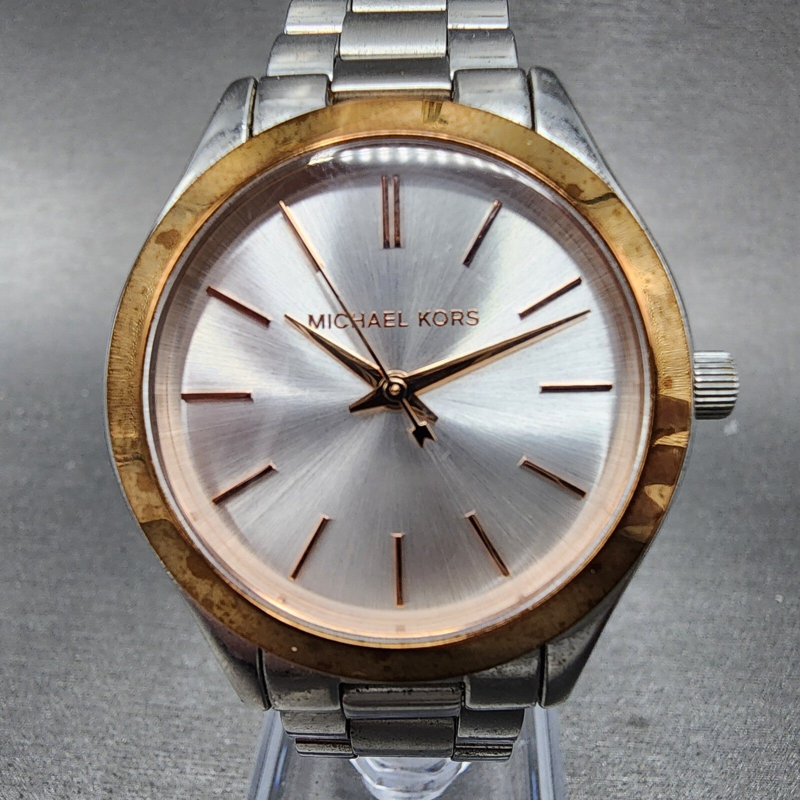 Michael Kors Runway Slim Watch Women 34mm mm Silver Dial Two Tone New Battery1
