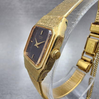 Seiko Watch Women 16mm Brown Dial Gold Tone Rectangle 2C20-5789 New Battery VTG