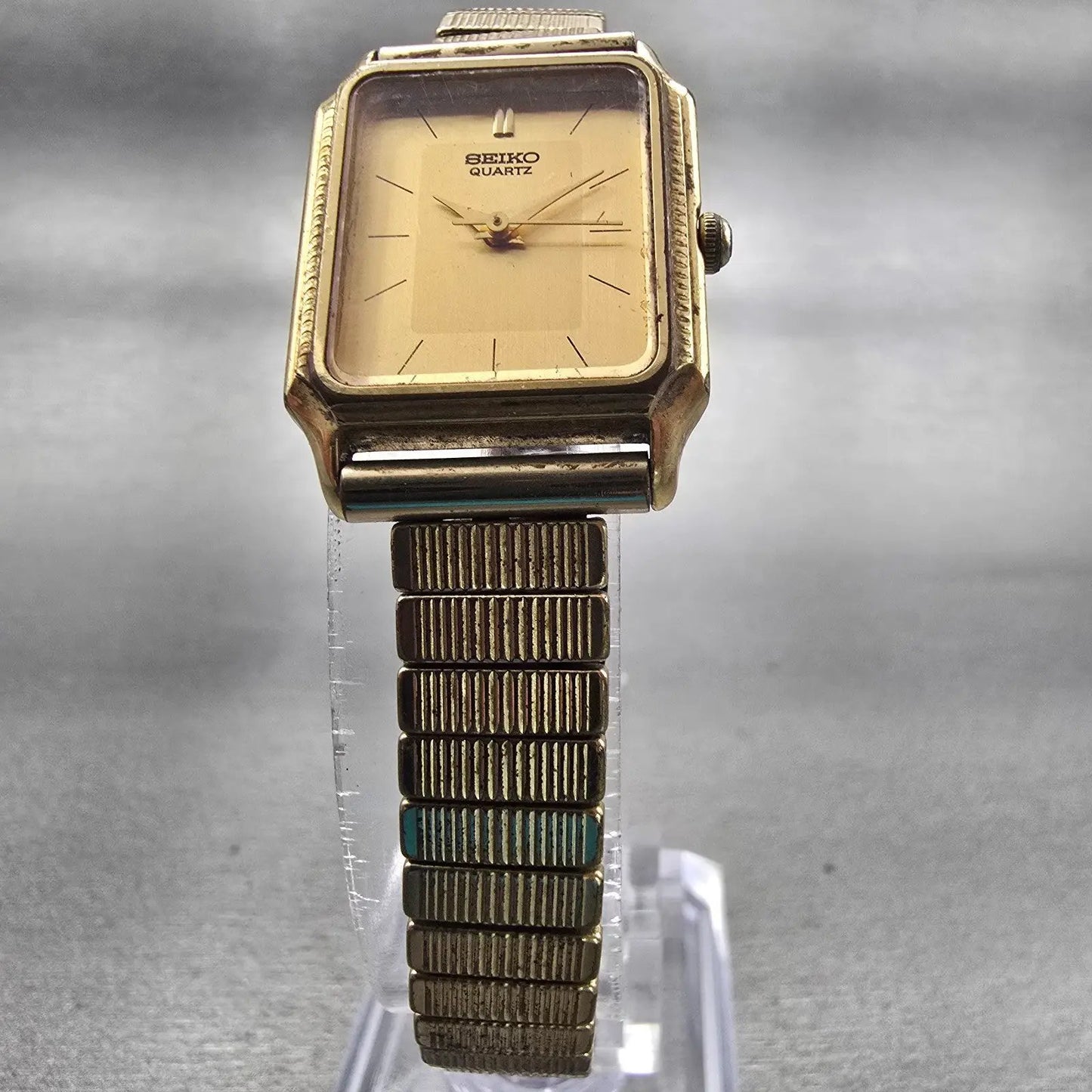 Seiko Watch Woman 20mm Gold Dial Gold Tone Rectangle 7321-5040 New Battery VTG5