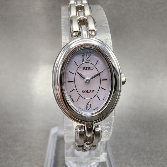 Seiko Solar Watch Women 18mm MOP Dial Silver Tone Oval V1105a20 Runs0