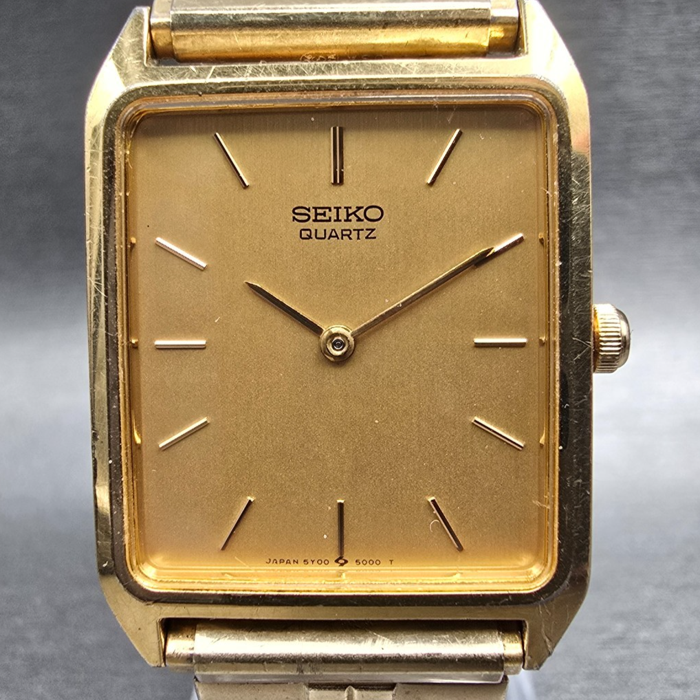 Seiko Watch Men 25mm Gold Dial Gold Tone Rectangle 5Y00-5000 New Battery1