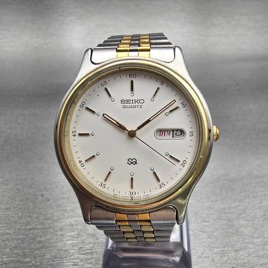 Seiko SQ Watch Men 34mm White Dial Two Tone Daydate 5Y23-7050 New Battery VTG0