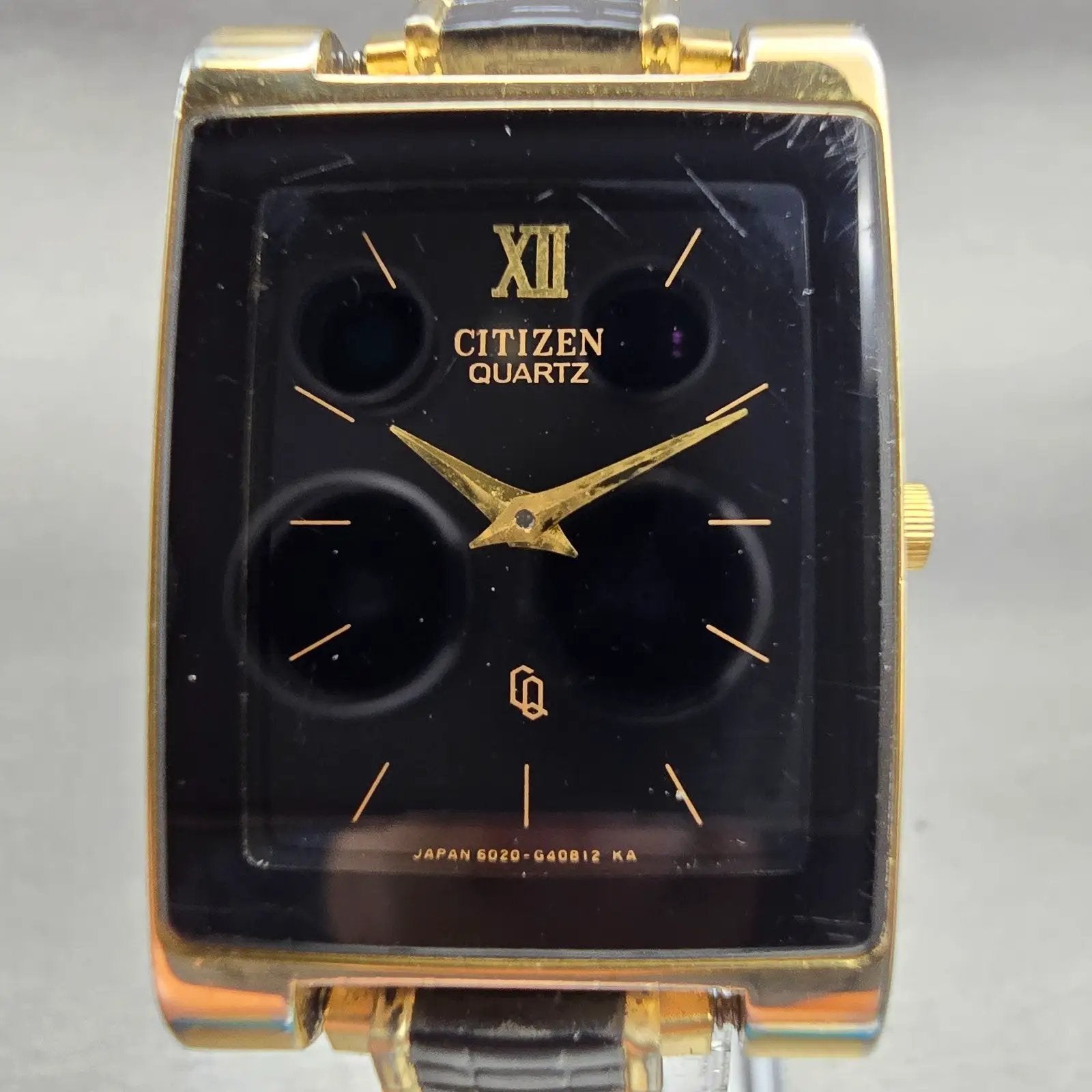 Citizen CQ Watch Men 25mm Black Dial Gold Tone Rectangle 6020-G08334 New Batt1