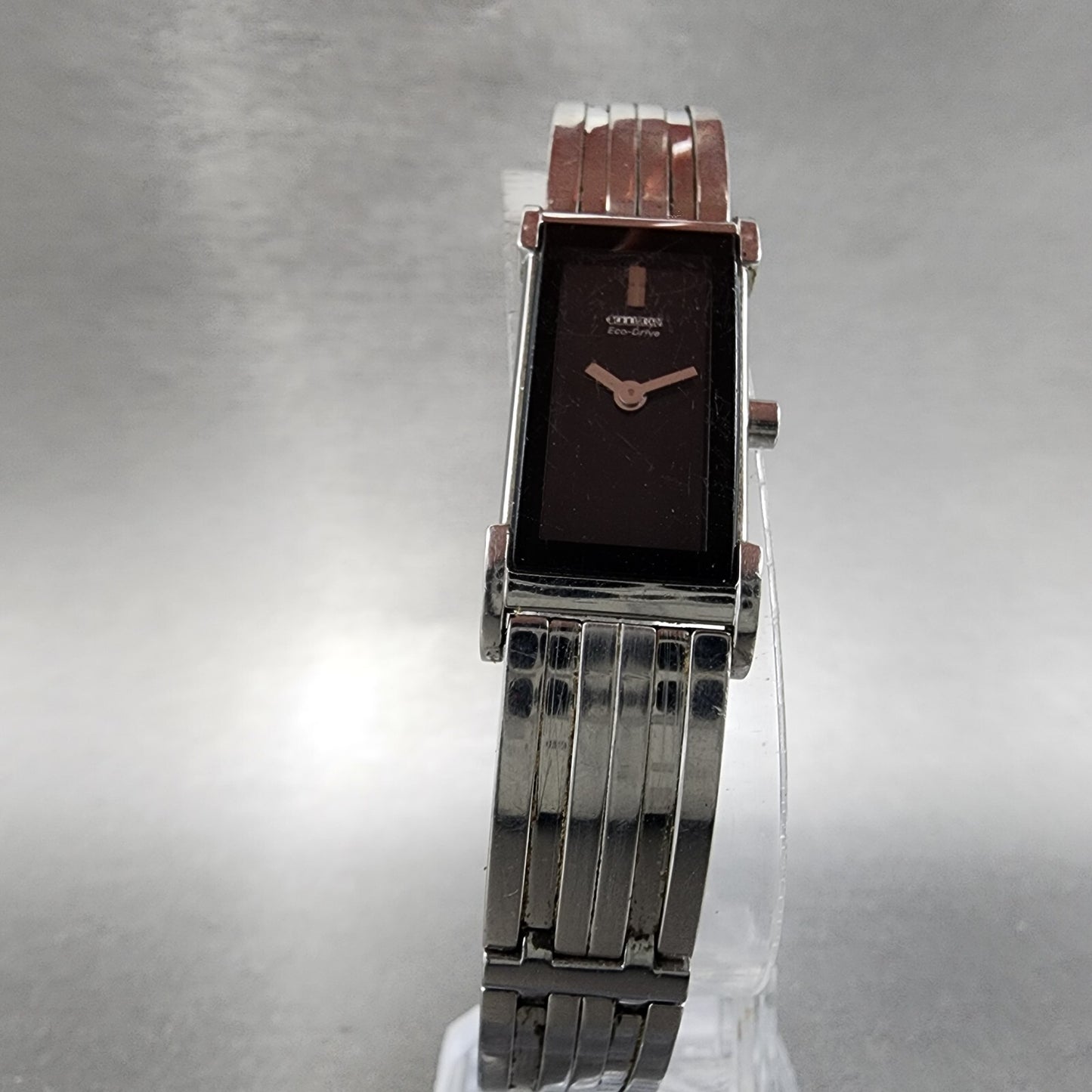 Citizen EcoDrive Tank Watch Women 14mm Black Dial Silver Tone Rectangle Runs5