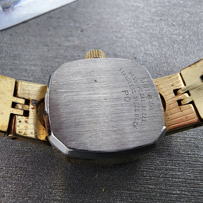 VTG Bulova Watch Women 16mm Black Dial Gold Tone Rectangle 6971 New Battery