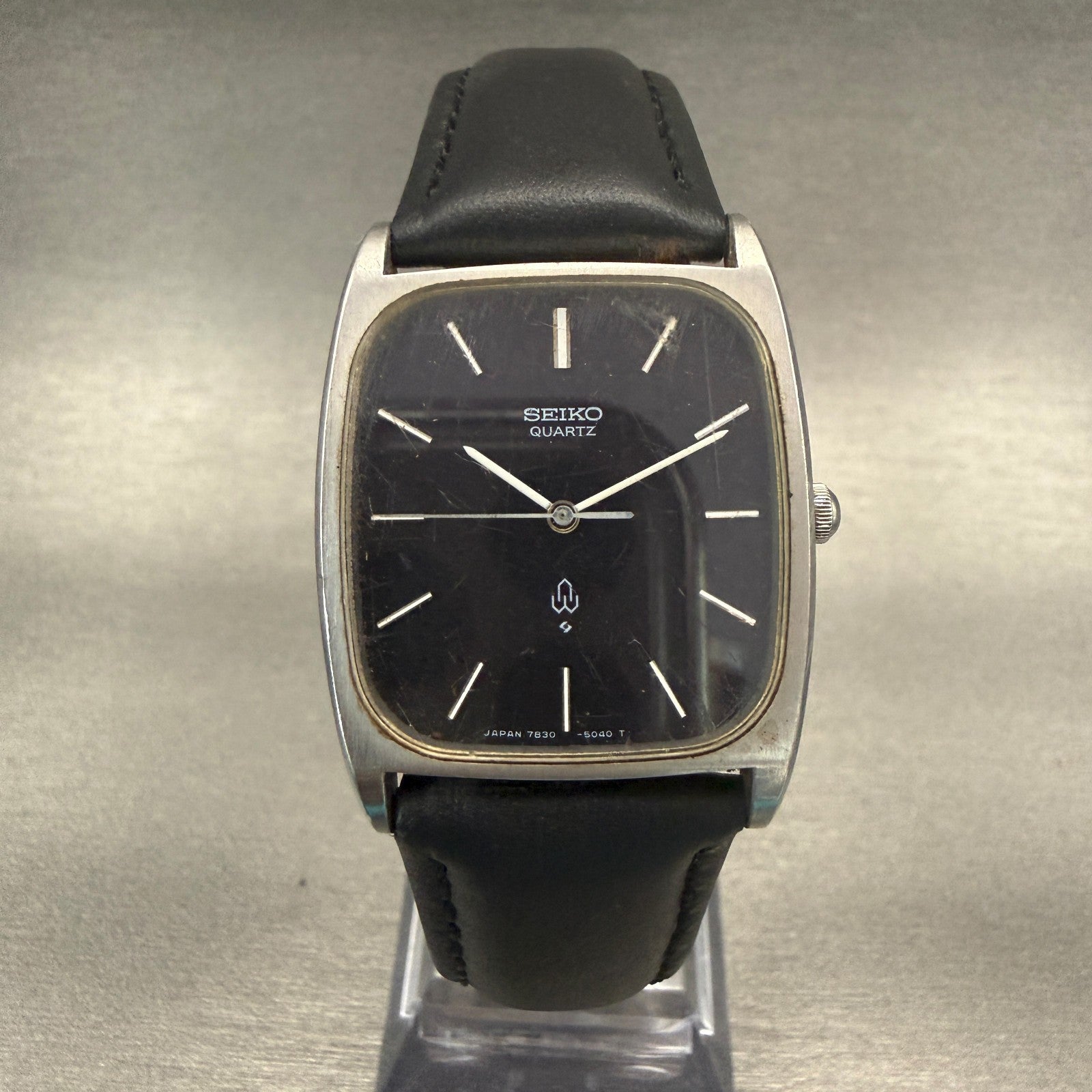 Seiko Watch Men 28mm Black Dial Silver Tone Rectange 7830-5040 New Battery0