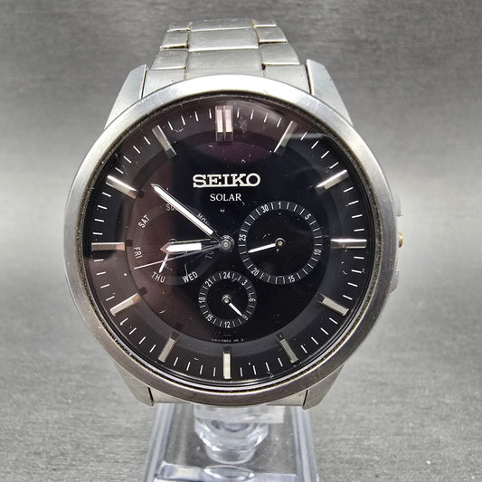 Seiko Solar Watch Men 39mm Black Dial Silver Daydate Round V14J-0AX0 PARTS0