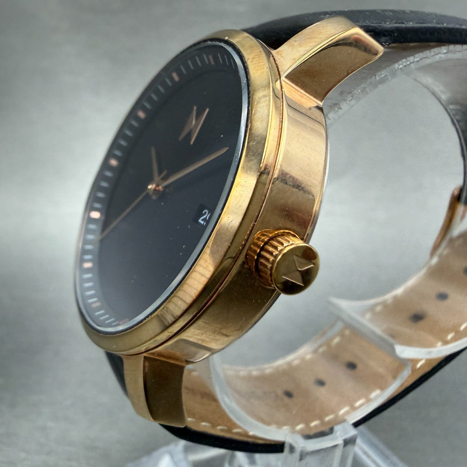 MVMT Boulevard Watch Women 38mm Black Dial Rose Gold Tone Date Leather New BattA2