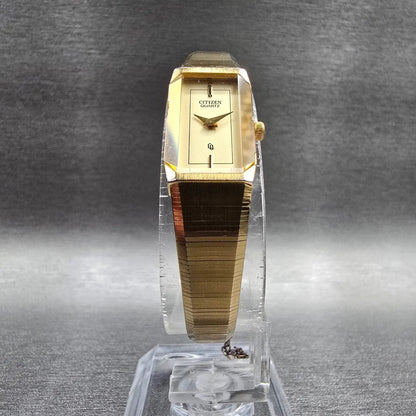 Citizen CQ Watch Women 13mm Gold Dial Gold Tone Rectangle 2250-242068 New Batt5