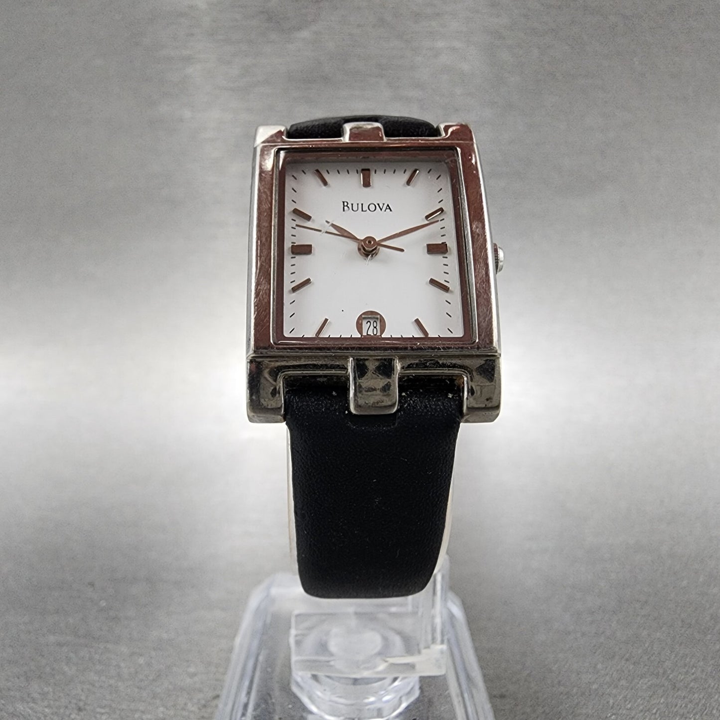 Bulova Tank Watch Women 21mm White Dial Silver Tone Date Rectangle New Batt B1235
