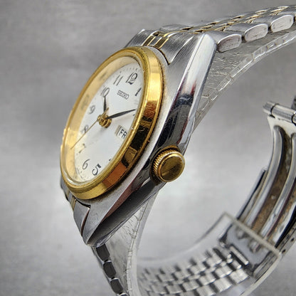 Seiko Watch Women 23mm White Dial Two Tone Daydate 7n830011 New Battery ABC1232