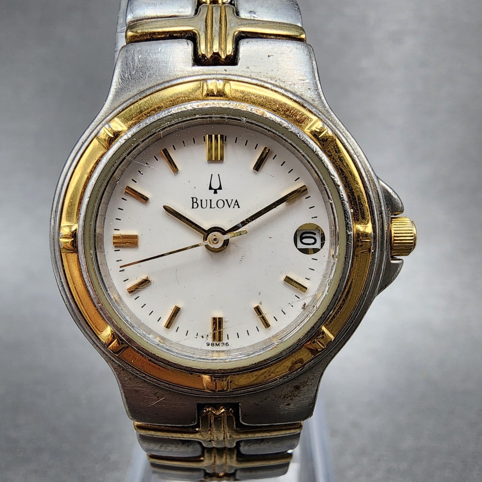 Bulova Watch Women 25mm White Dial Two Tone Date Round 98M36 New Battery A1230