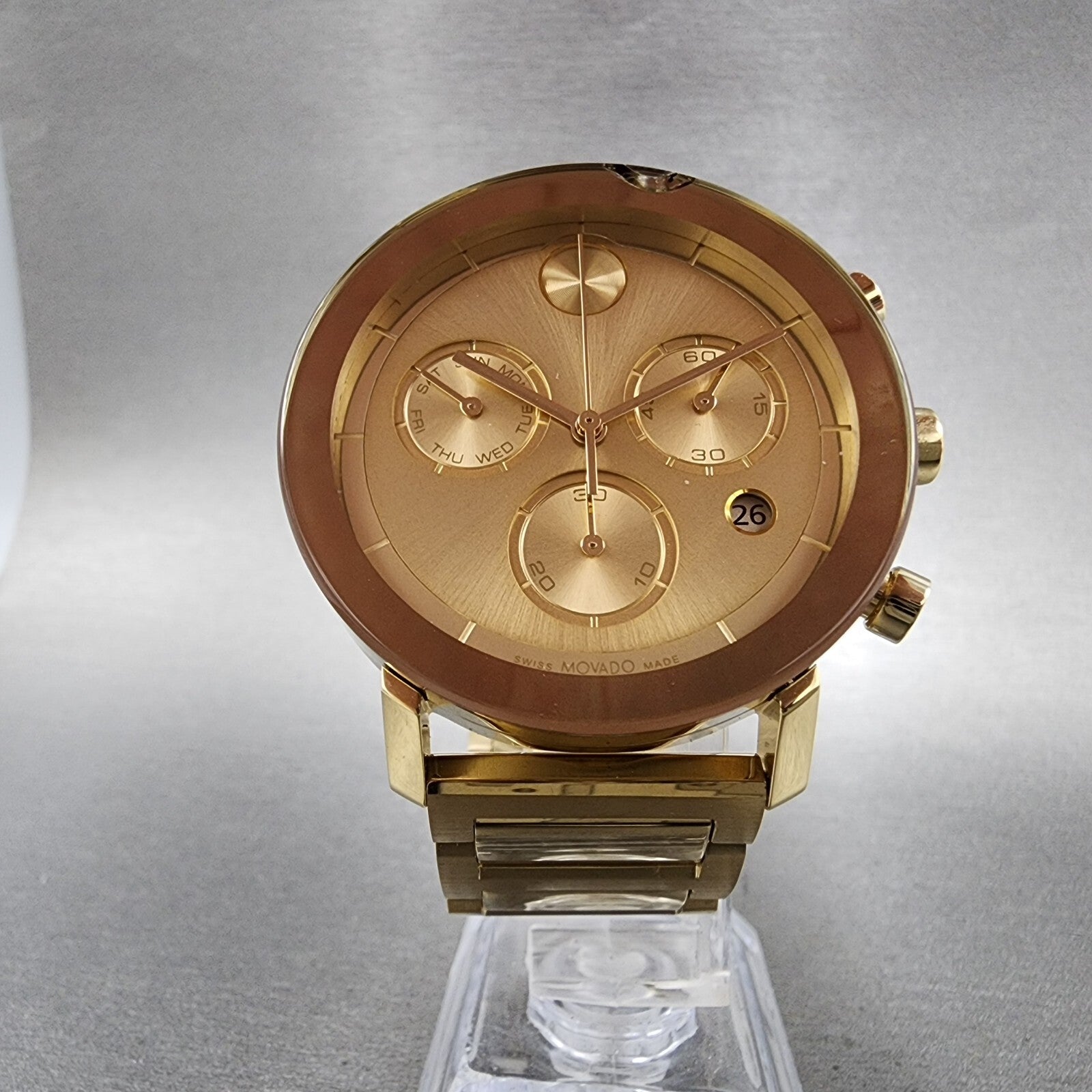 Movado Bold Evolution Chronograph Watch Men 42mm Gold Dial Gold Tone Date CHIP5