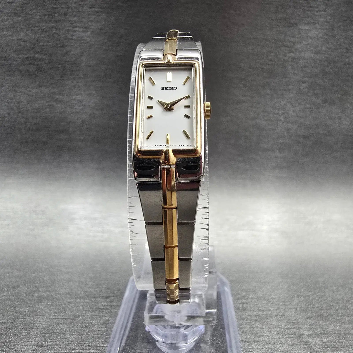 Seiko Tank Watch Women 13mm White Dial Two Tone Rectangle 2E20-7479 New Batteryv5
