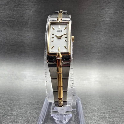 Seiko Tank Watch Women 13mm White Dial Two Tone Rectangle 2E20-7479 New Batteryv5