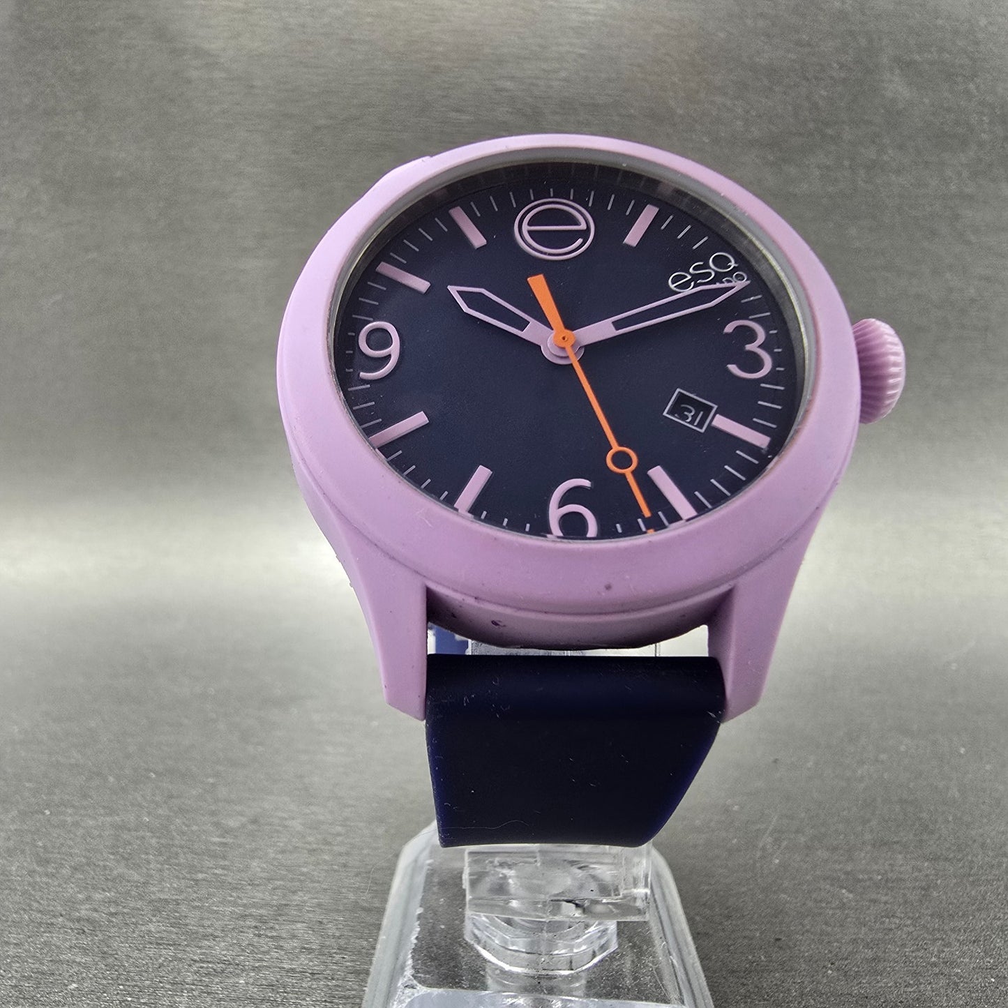 ESQ Movado One Watch Women 42mm Purple Dial Pink Date Round 07301433 New Battery5