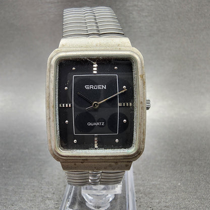 Gruen Tank Watch Men 28mm Black Dial Silver Tone Rectangle 192Y121 New Battery0