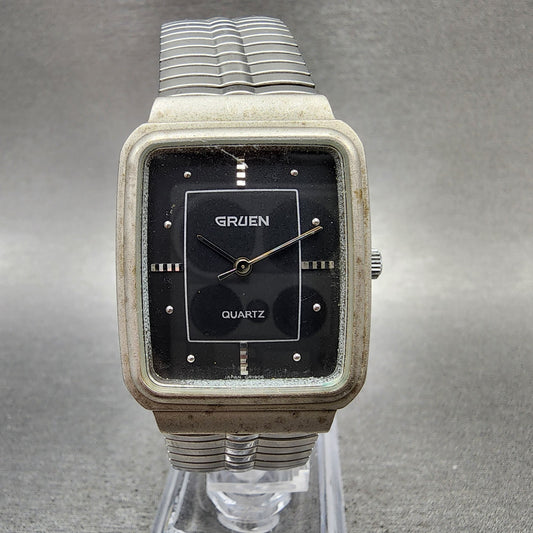 Gruen Tank Watch Men 28mm Black Dial Silver Tone Rectangle 192Y121 New Battery0