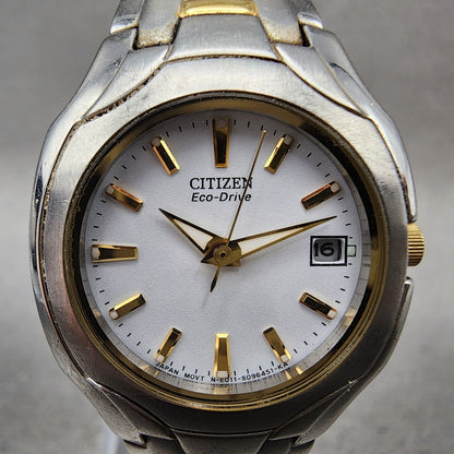 Citizen EcoDrive Watch Women 25mm White Dial Two Tone Date E011S049601 Run1