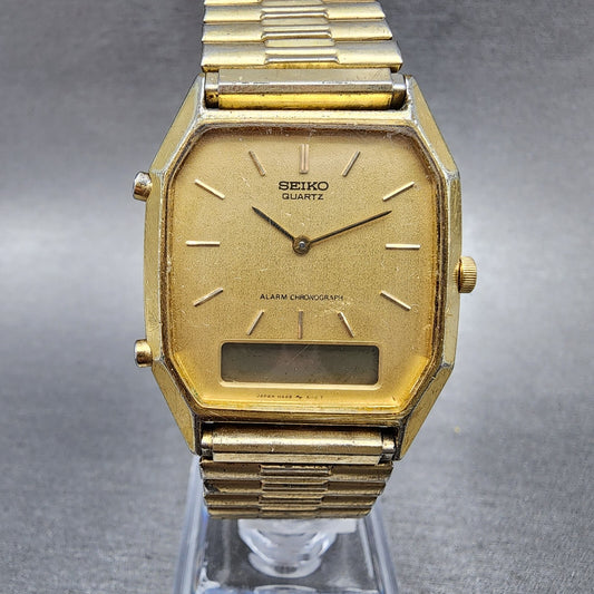 Seiko Analog Digital Watch Men 30mm Gold Dial Gold Tone Rectangle H448-5069 PART