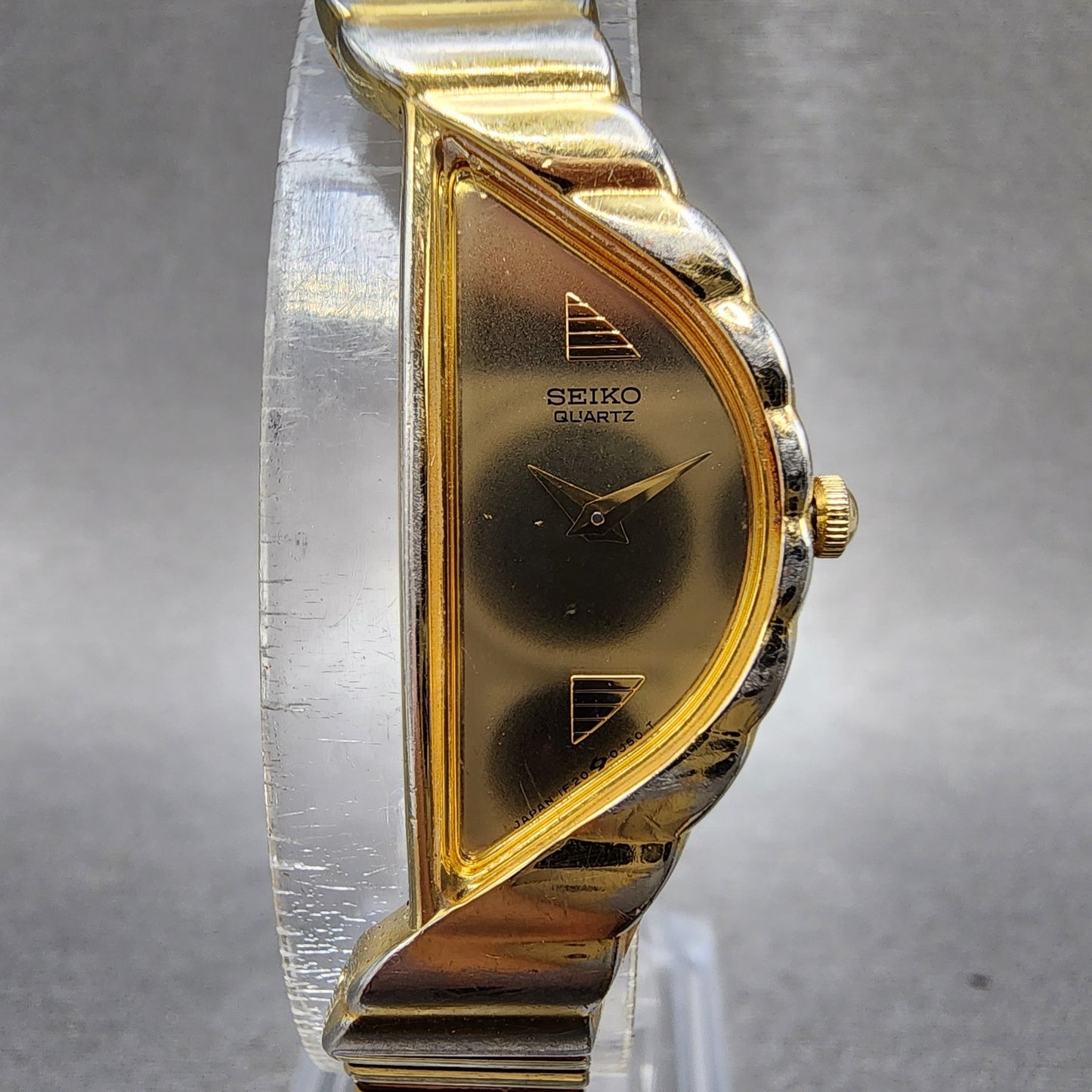 Seiko Halfmoon Watch Women 14mm Gold Dial Gold Tone Asymmetrical New Battery PL11