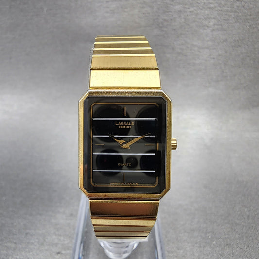 Seiko Lassale Tank Watch Women 19mm Black Dial Gold Tone Octagon New Battery0