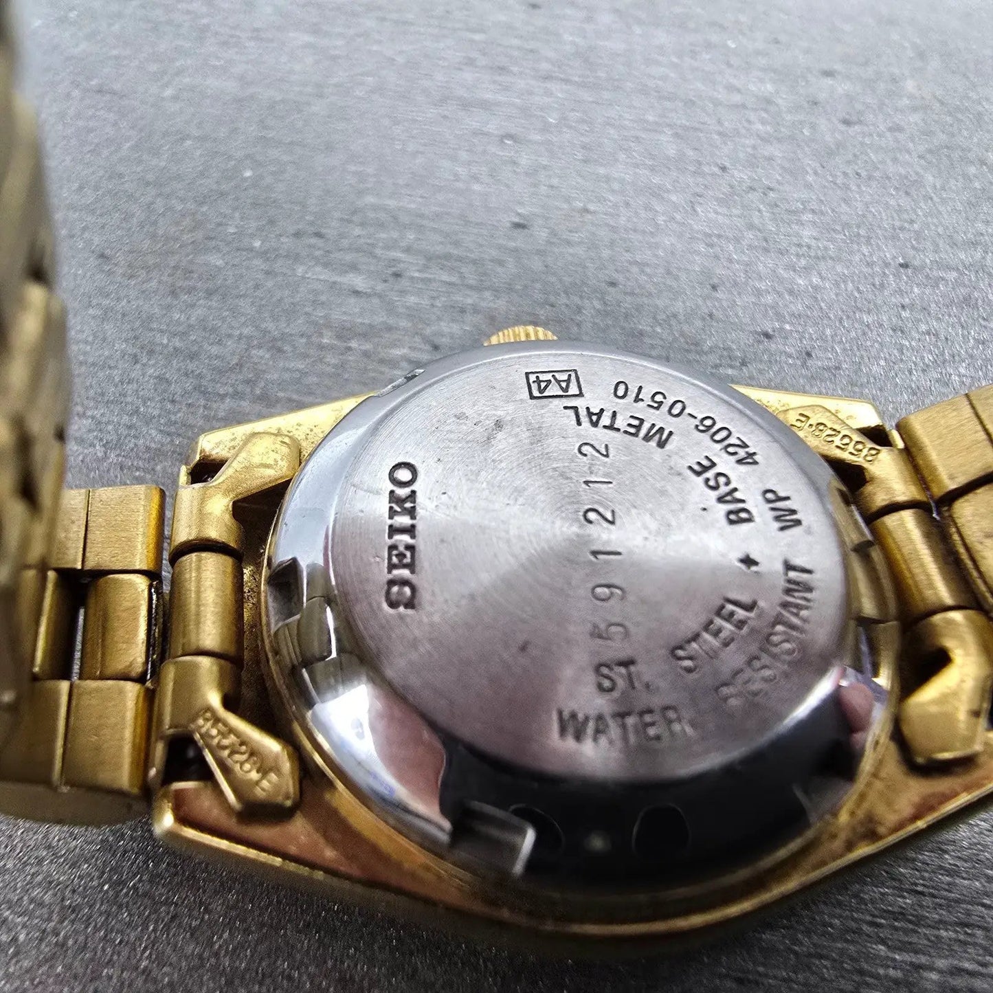 Seiko 5 Automatic Watch Women 25mm Black Dial Gold Tone Daydate 4206-0510 Runs9