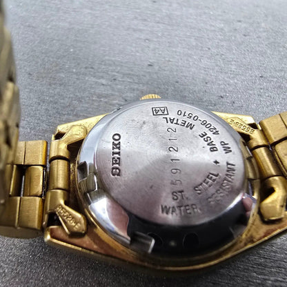 Seiko 5 Automatic Watch Women 25mm Black Dial Gold Tone Daydate 4206-0510 Runs9