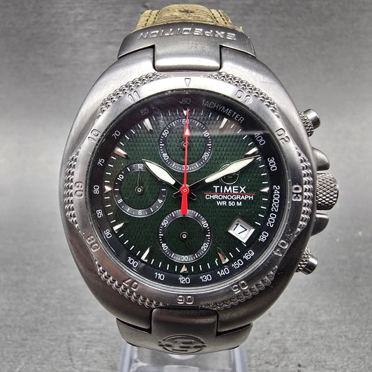 Timex Expedition Chronograph Watch Men 39mm Green Dial Steel Date New Battery0