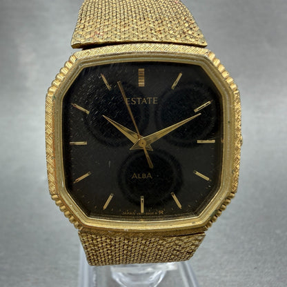 Seiko Alba Estate Watch Men 28mm Black Dial Gold Tone V801-5350 New Battery VTG0