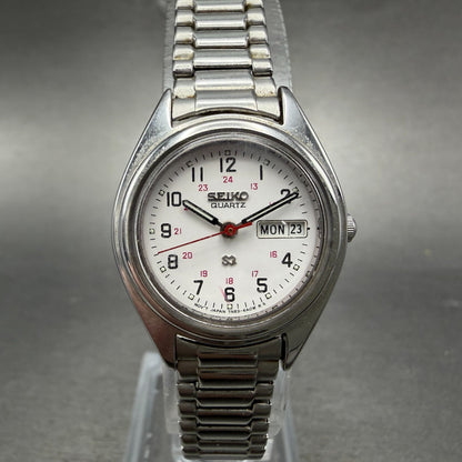 Seiko SQ Watch Women 24mm White Dial Silver Tone Daydate Round 7N83-6A09 New Bat0