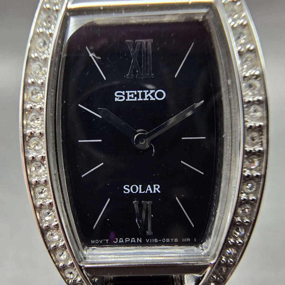 Seiko Solar Watch Women 19mm Black Dial Black Silver Crystal Bezel V115-0AY01