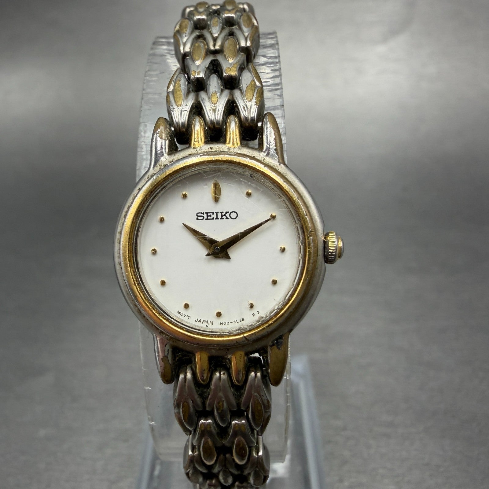 Seiko Watch Women 20mm White Dial Two Tone Round 1N00-1H20 New Battery Vintage0