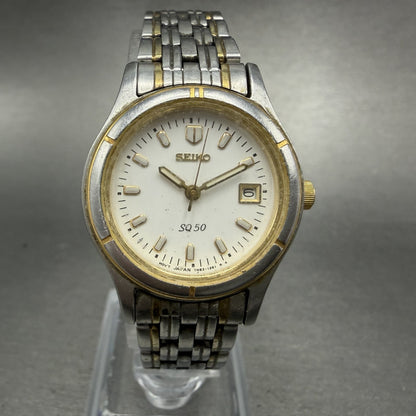 Seiko SQ 50 Watch Women 26mm White Dial Two Tone Date 7N82-0530 New Battery0