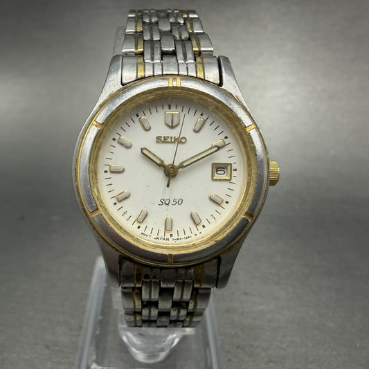 Seiko SQ 50 Watch Women 26mm White Dial Two Tone Date 7N82-0530 New Battery0