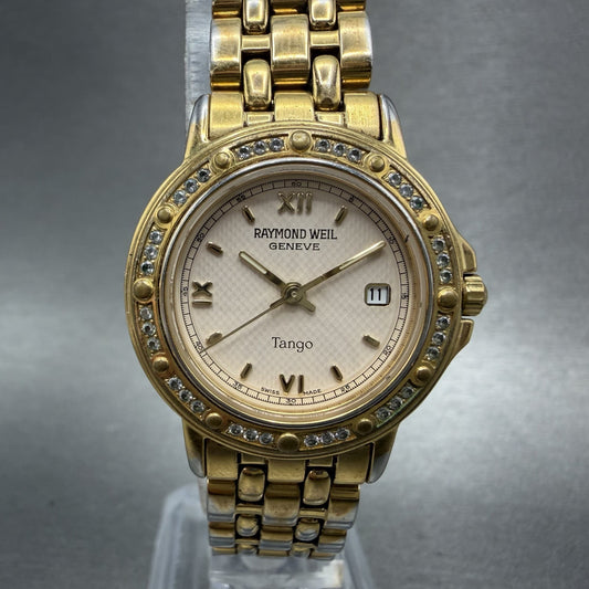 Raymond Weil Tango Watch Women 28mm Cream Dial Gold Plated Date New Batt 5360 AB0