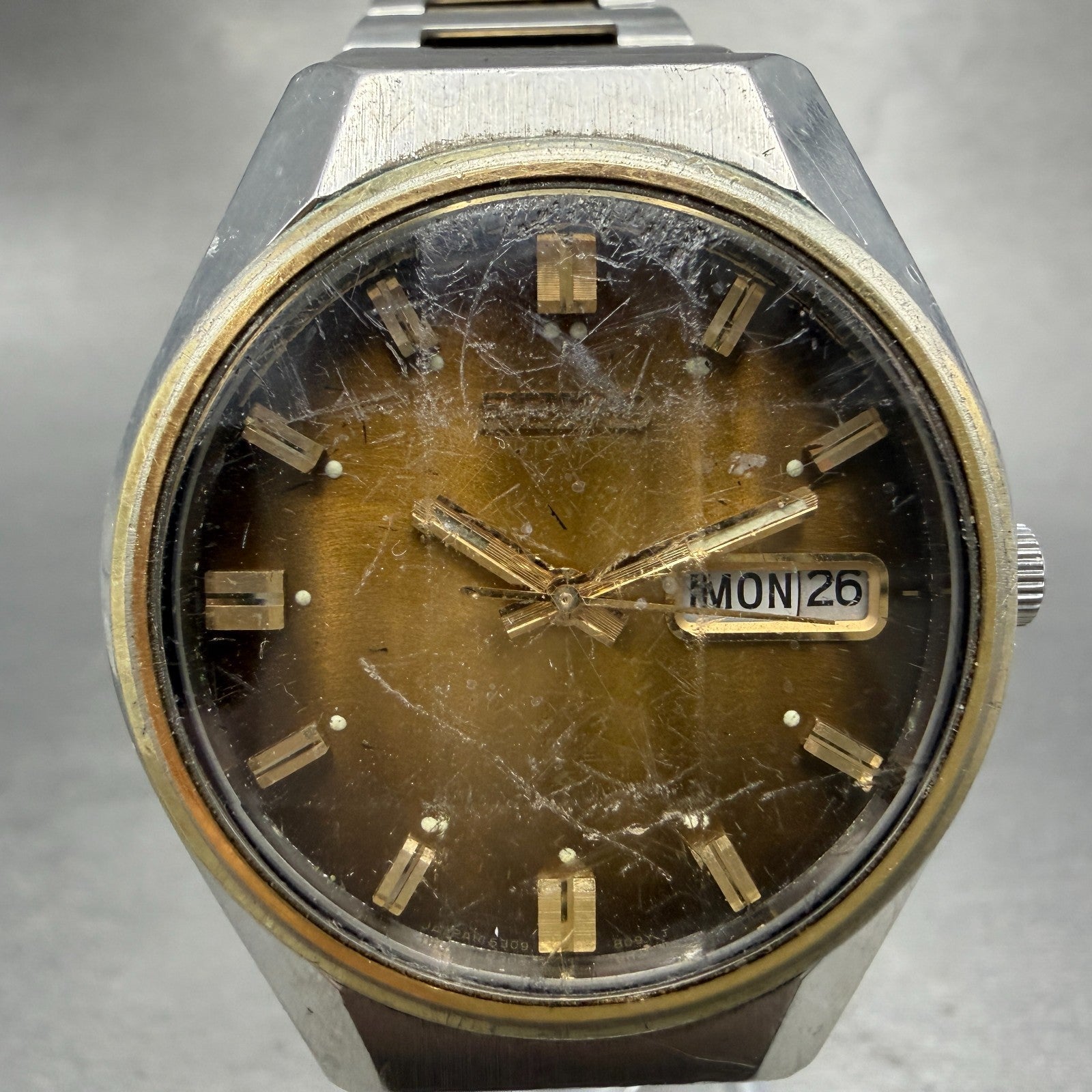 Seiko Automatic Watch Men 37mm Brown Dial Two Tone Daydate 6309-8099 PARTS VTG0