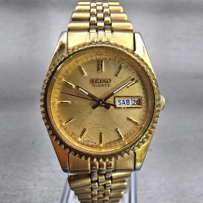 Seiko Watch Women 24mm Gold Dial Gold Tone Daydate Round 7N83-0041 New Battery0