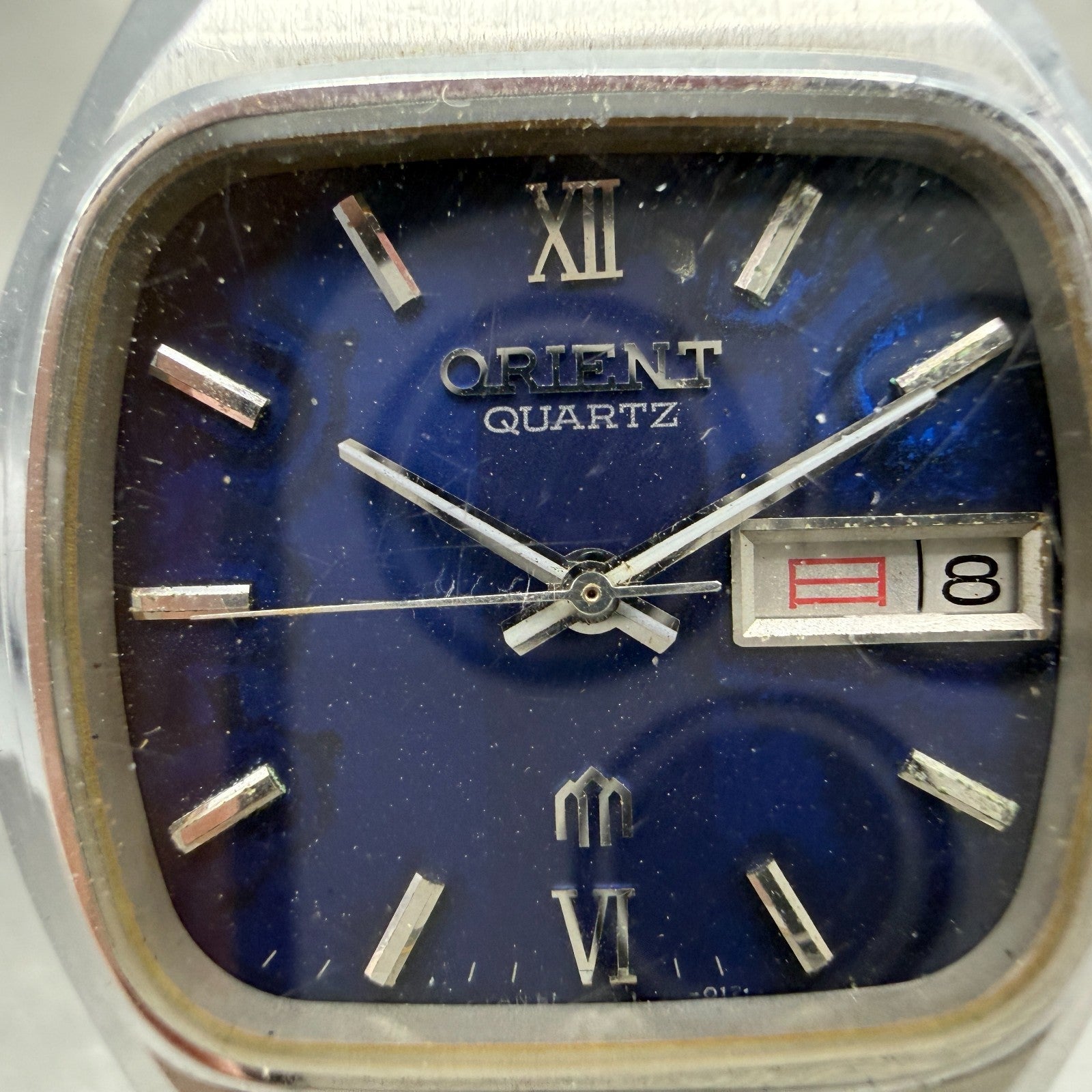 Orient Watch Men 34mm Blue Dial Silver Tone Daydate 049108-40 New Battery VTG1