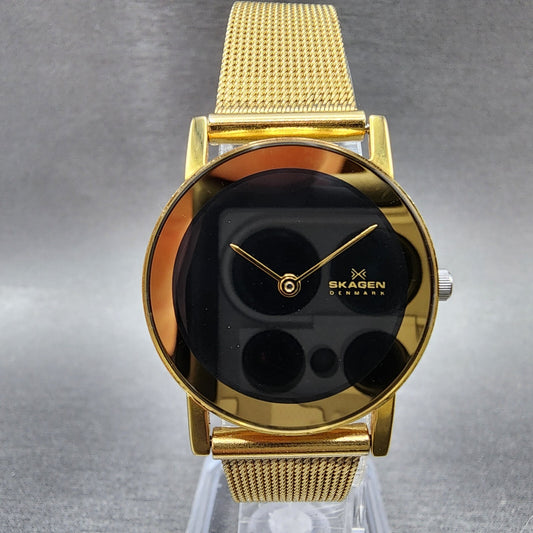Skagen Watch Women 26mm Black Dial Gold Tone Round Mesh Band 39SGGB New Battery0