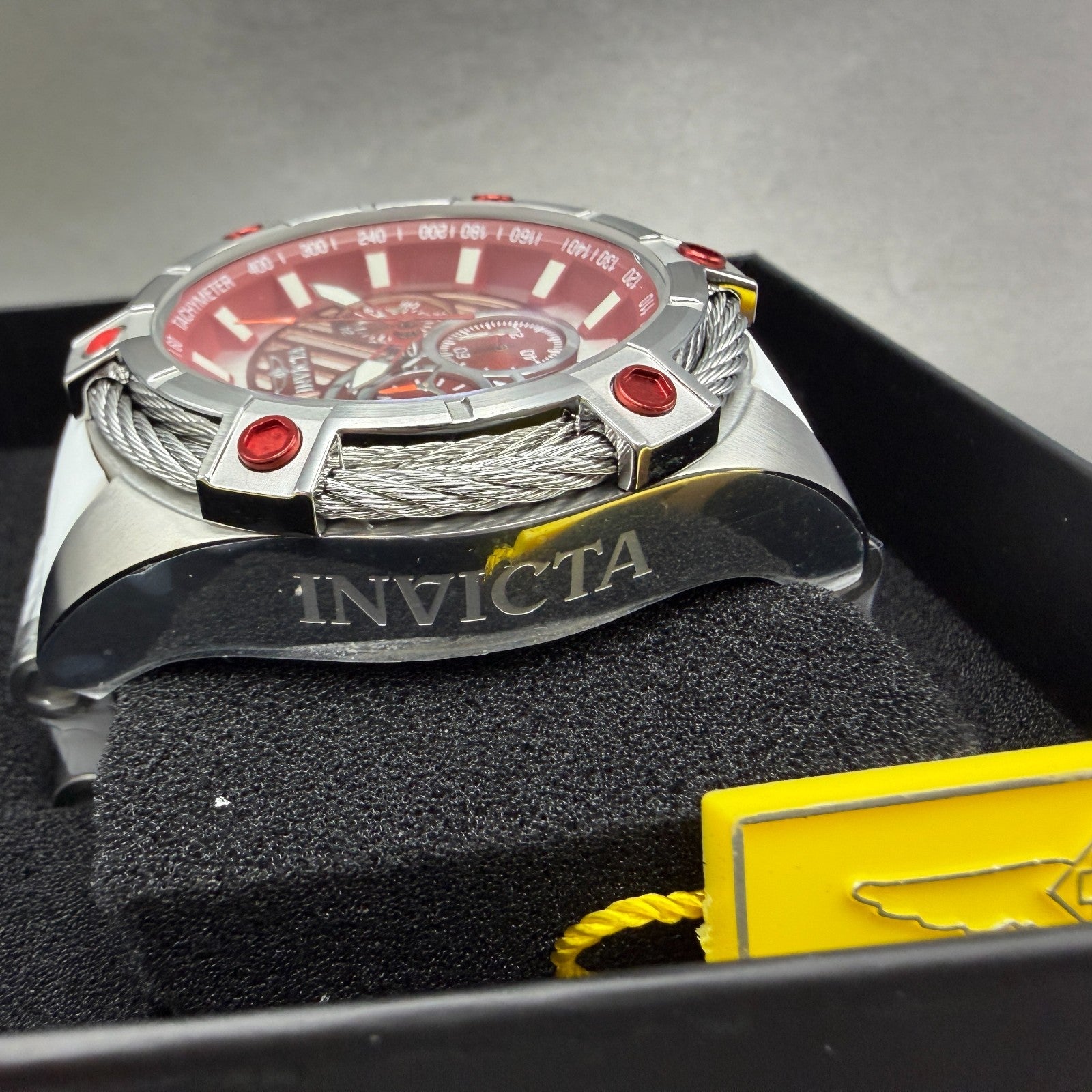 Invicta Bolt Chronograph Watch Men 53mm Red Dial Steel Round 46382 Rubber Band3