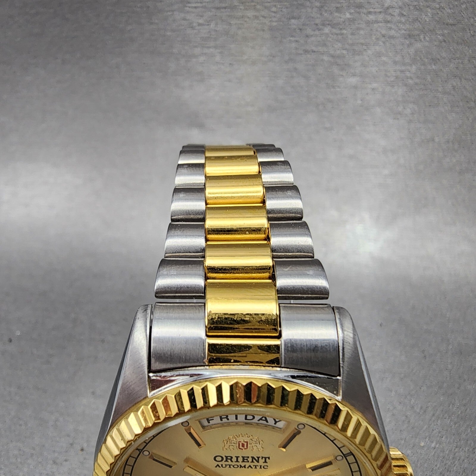Orient President Watch Men 36mm Gold Dial Two Tone Daydate Automatic Works4