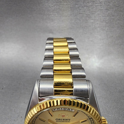 Orient President Watch Men 36mm Gold Dial Two Tone Daydate Automatic Works4