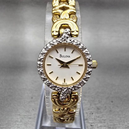 Bulova Watch Women 19mm White Dial Gold Tone Diamond Round 98R38 New Battery0